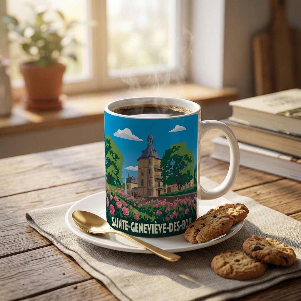 Mug souvenir de la ville de Sainte-Geneviève-des-Bois avec une illustration stylisée.