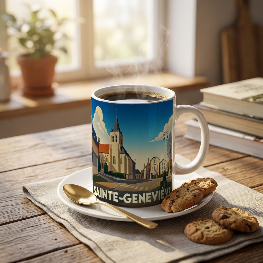 Mug souvenir de la ville de Sainte-Geneviève avec une illustration stylisée d'une église sous un ciel bleu.