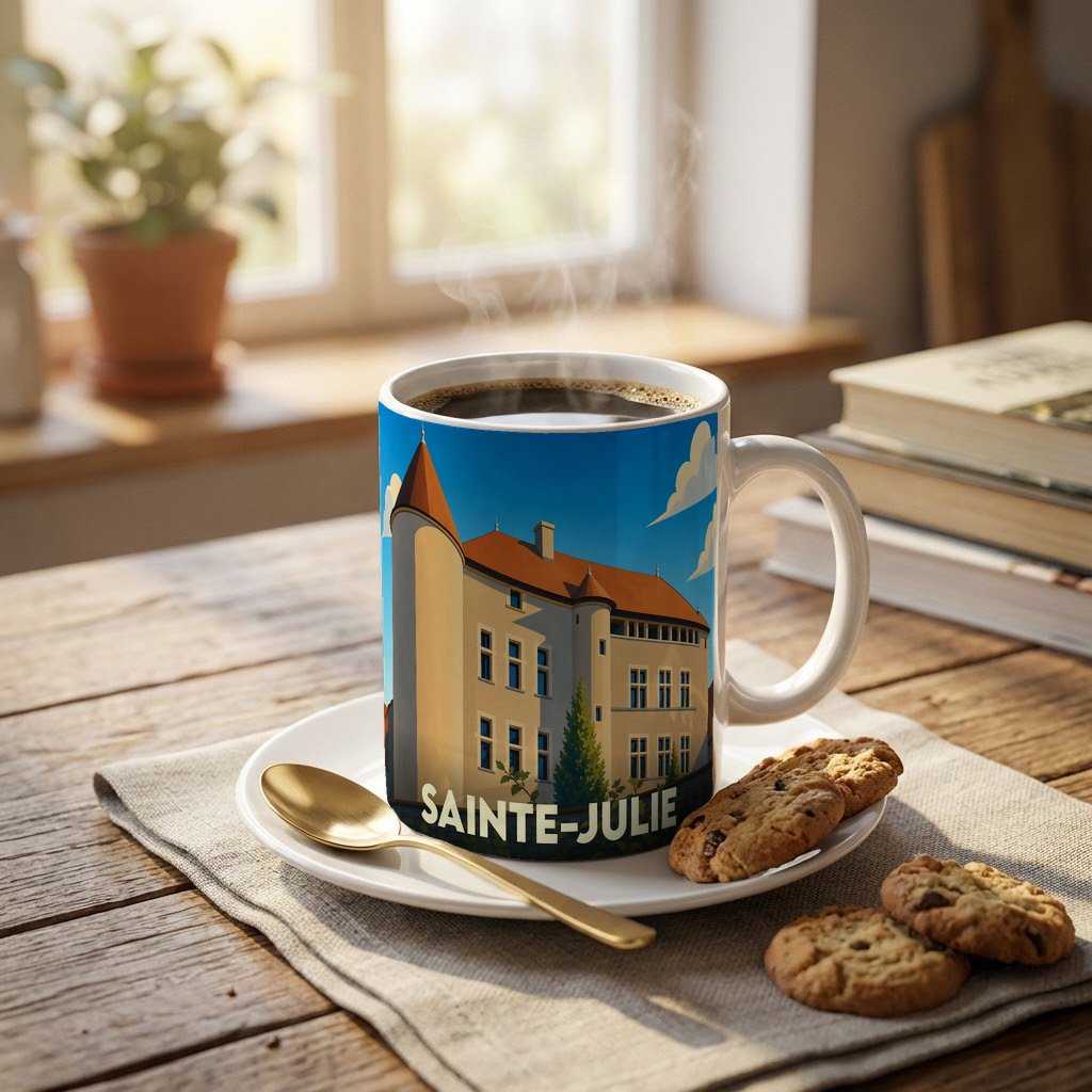 Mug souvenir de la ville de Sainte-Julie avec une illustration stylisée d'un bâtiment historique.