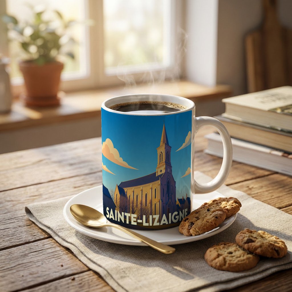 Mug souvenir de la ville de Sainte-Lizaigne avec une illustration stylisée de son église.