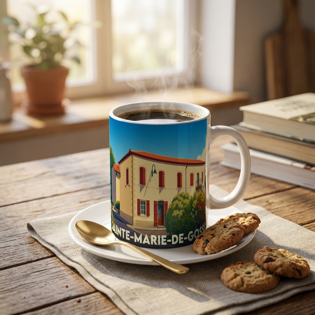 Mug souvenir de la ville de Sainte-Marie-de-Gosse avec une illustration stylisée d'une maison basque.