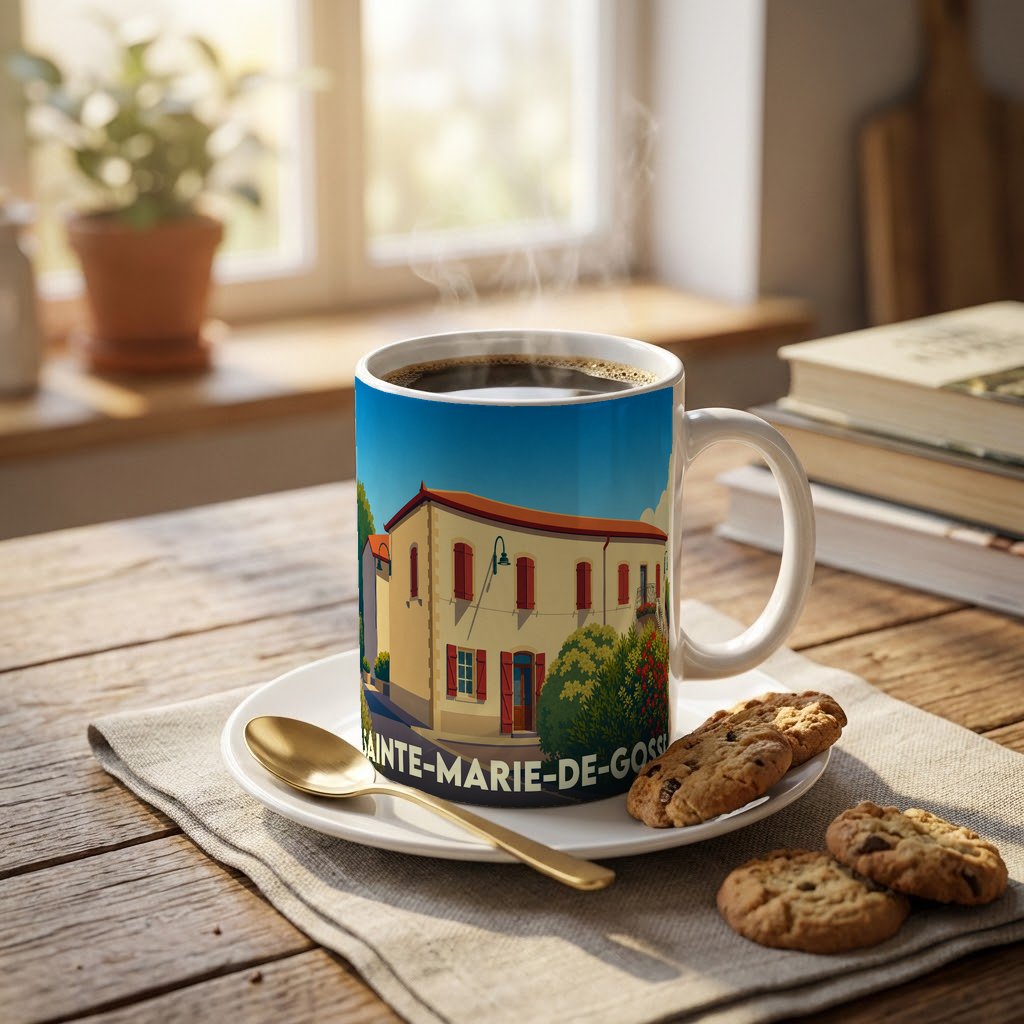Mug souvenir de la ville de Sainte-Marie-de-Gosse avec une illustration stylisée d'une maison basque.