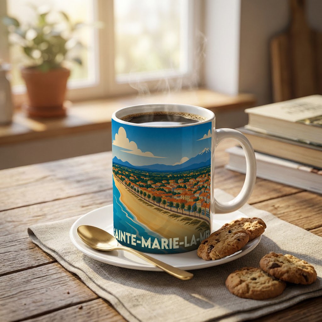 Mug souvenir de la ville de Sainte-Marie-la-Mer orné d'une illustration de bord de mer rétro.