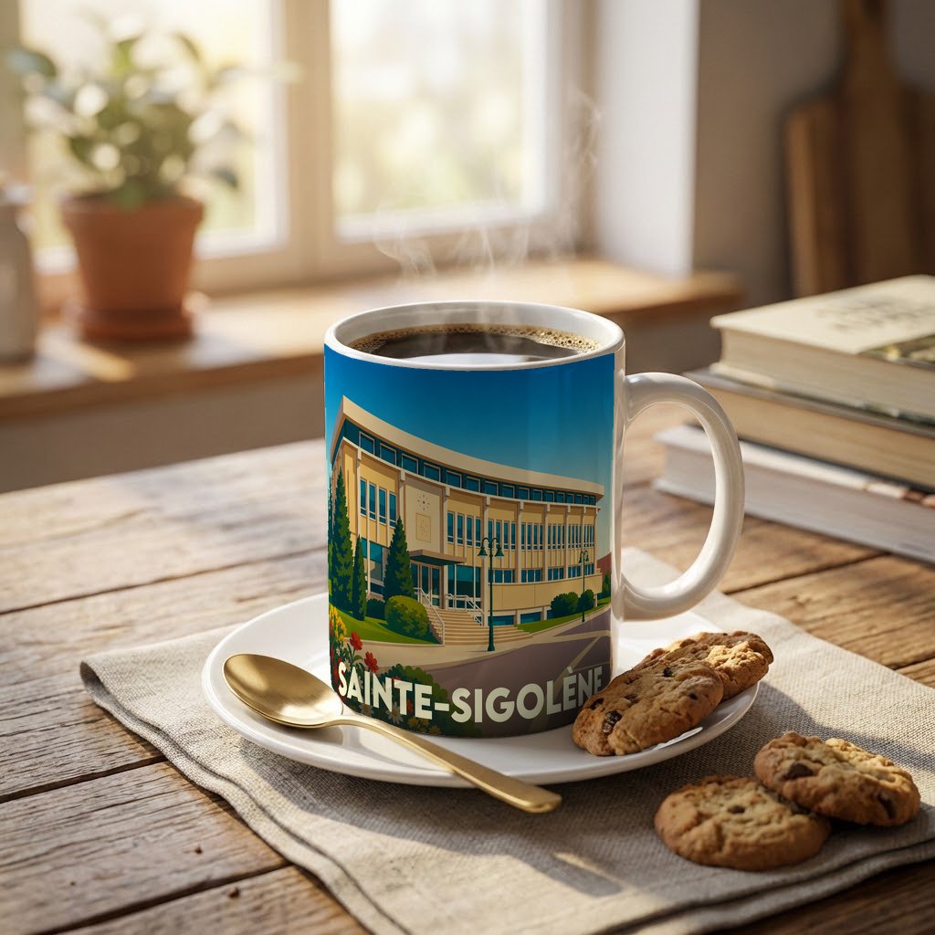 Mug souvenir de la ville de Sainte-Sigolène illustré d'un bâtiment moderne, posé sur une table avec du café et des biscuits.