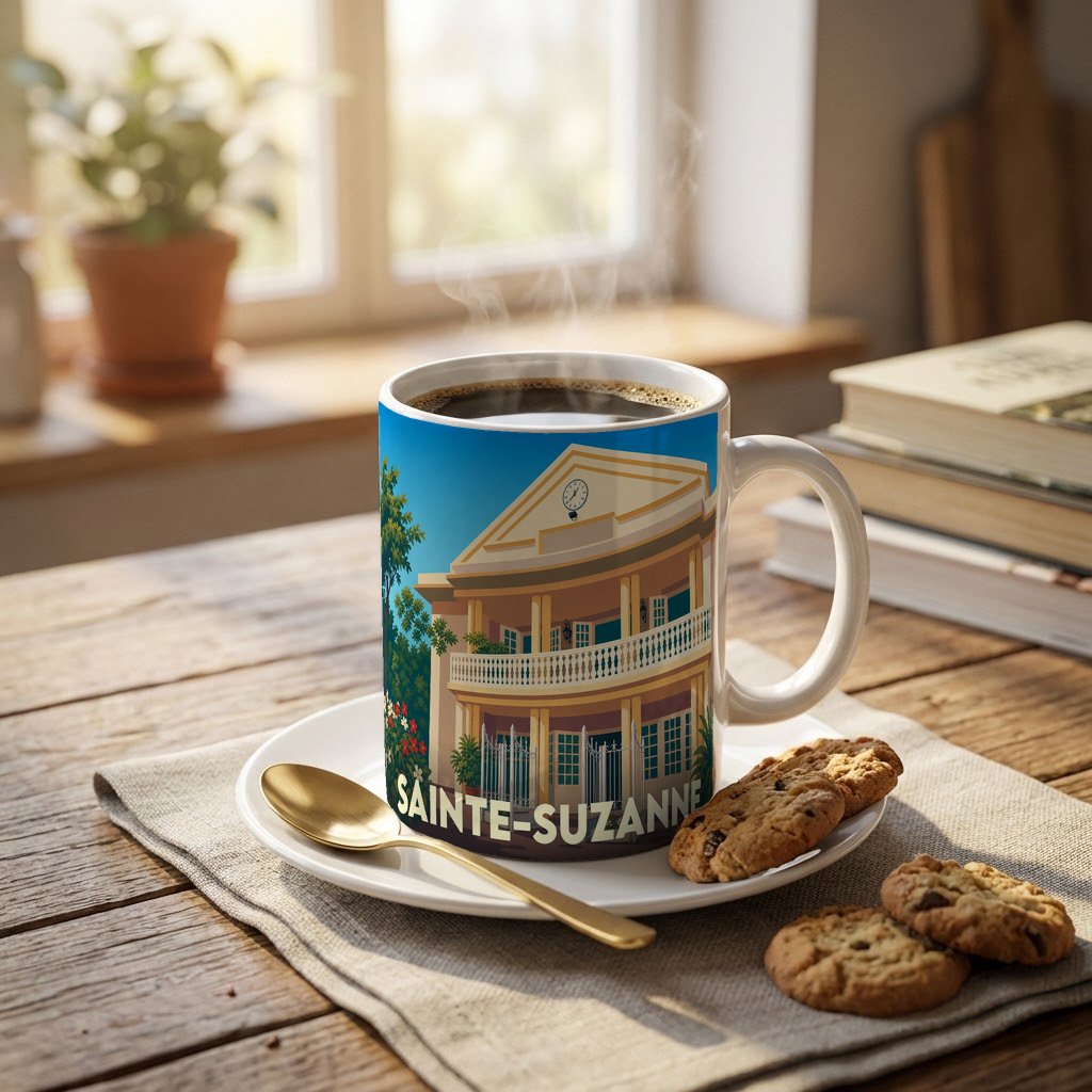 Mug souvenir de la ville de Sainte-Suzanne illustré d'un bâtiment colonial stylisé.