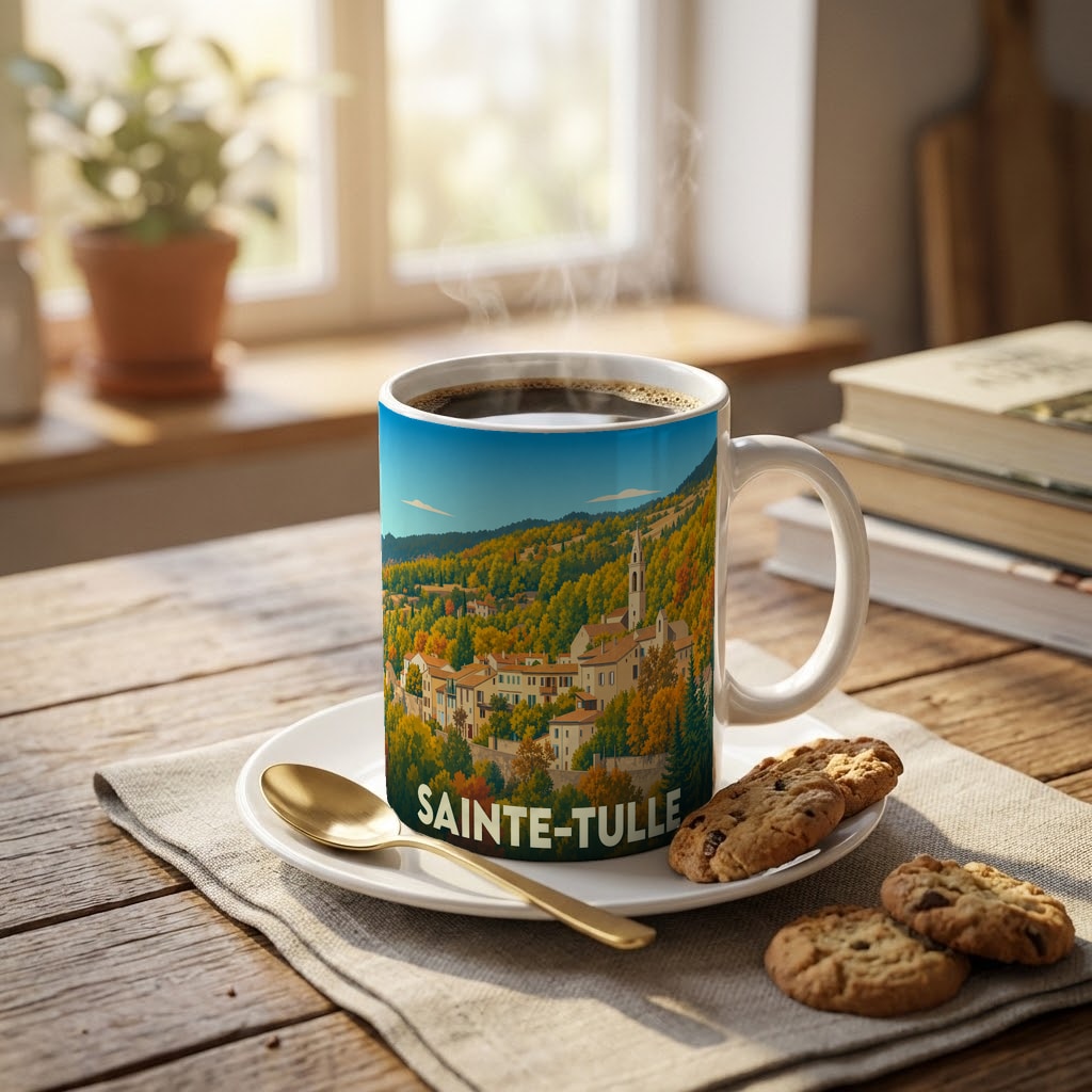 Mug souvenir de la ville de Sainte-Tulle orné d'une illustration panoramique et colorée de la commune.