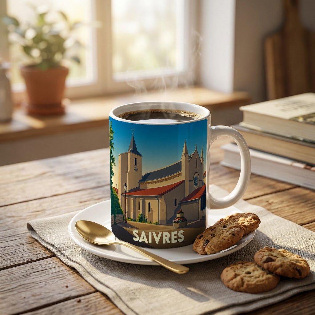 Mug souvenir de la ville de Saivres avec une illustration stylisée de son église.