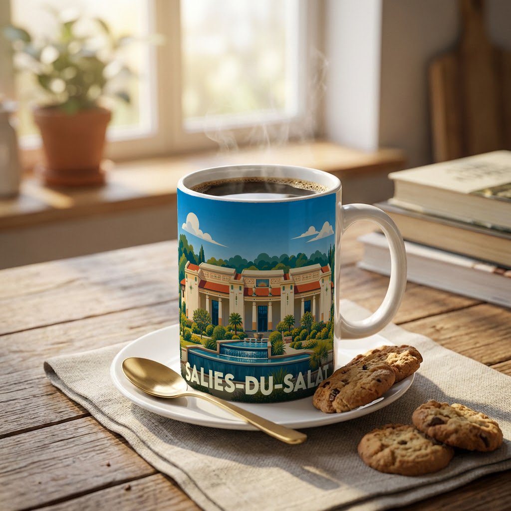 Mug souvenir de la ville de Salies-du-Salat orné d'une illustration stylisée de ses thermes.