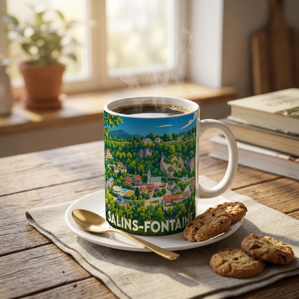 Mug souvenir de la ville de Salins-Fontaine avec une illustration colorée et stylisée d'un paysage urbain.