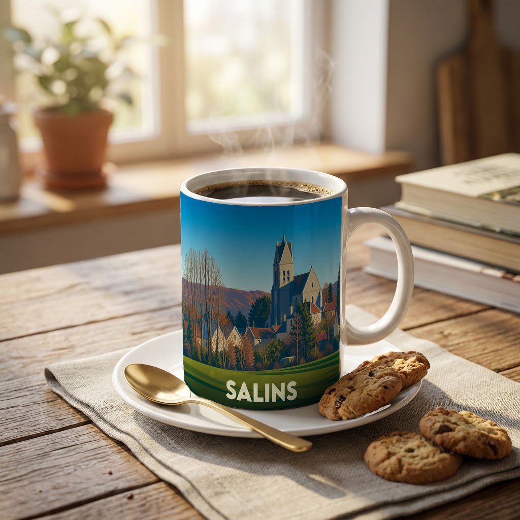Mug souvenir de la ville de Salins orné d'une illustration stylisée de son église et de ses paysages.