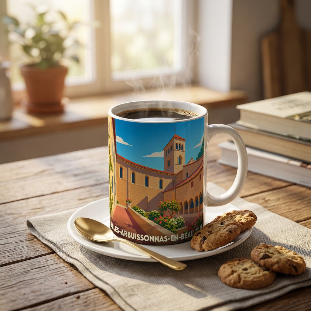 Mug souvenir de Salles-Arbuissonnas-en-Beaujolais orné d'une illustration colorée de son patrimoine historique.