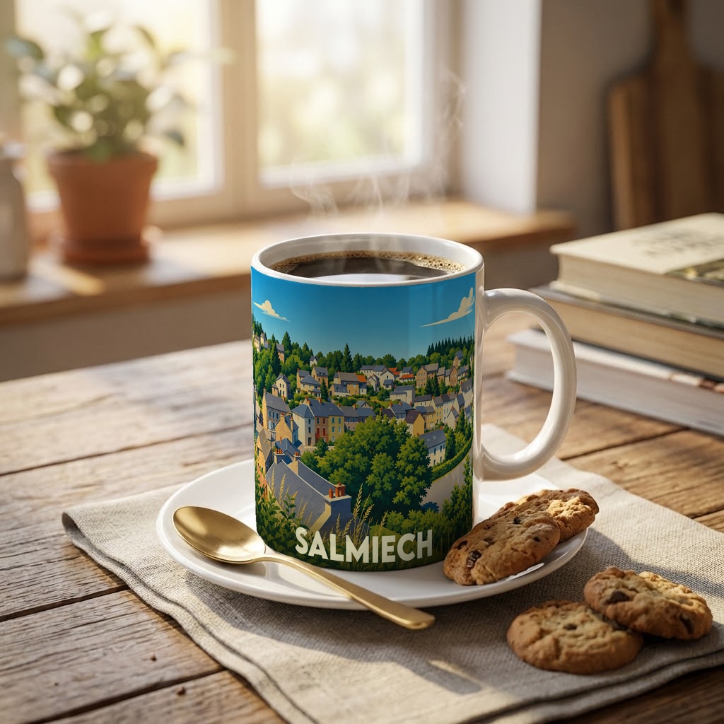 Mug souvenir de la ville de Salmiech avec une illustration stylisée d'un paysage urbain verdoyant.