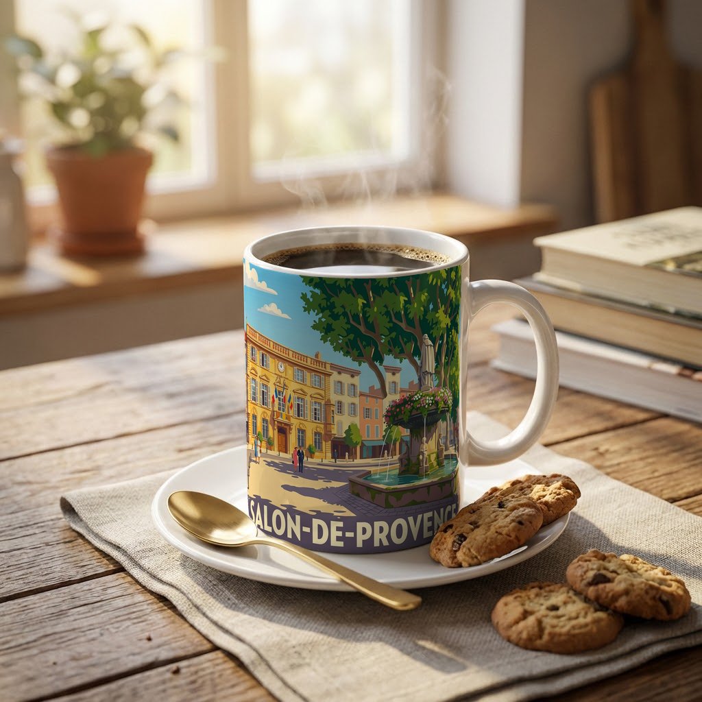 Mug souvenir de la ville de Salon-de-Provence avec une illustration colorée et stylisée.