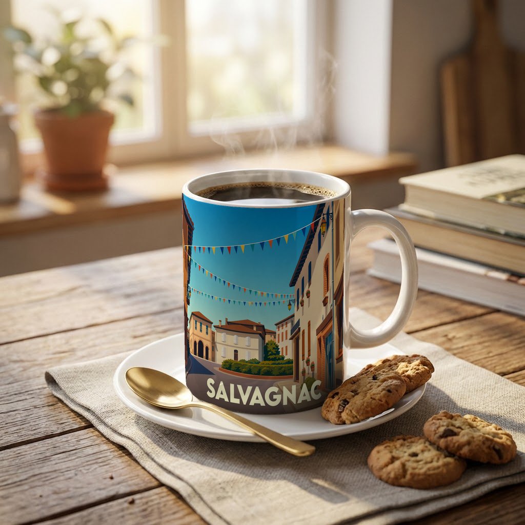 Mug souvenir de la ville de Salvagnac orné d'une illustration stylisée d'une rue en fête.