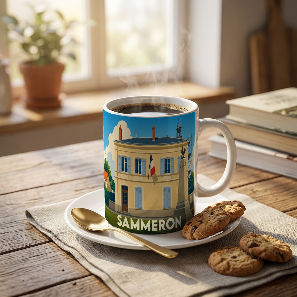 Mug souvenir de la ville de Sammeron avec une illustration stylisée de sa mairie.