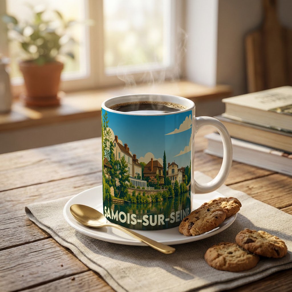 Mug souvenir de la ville de Samois-sur-Seine avec une illustration stylisée d'un paysage de bord de l'eau.