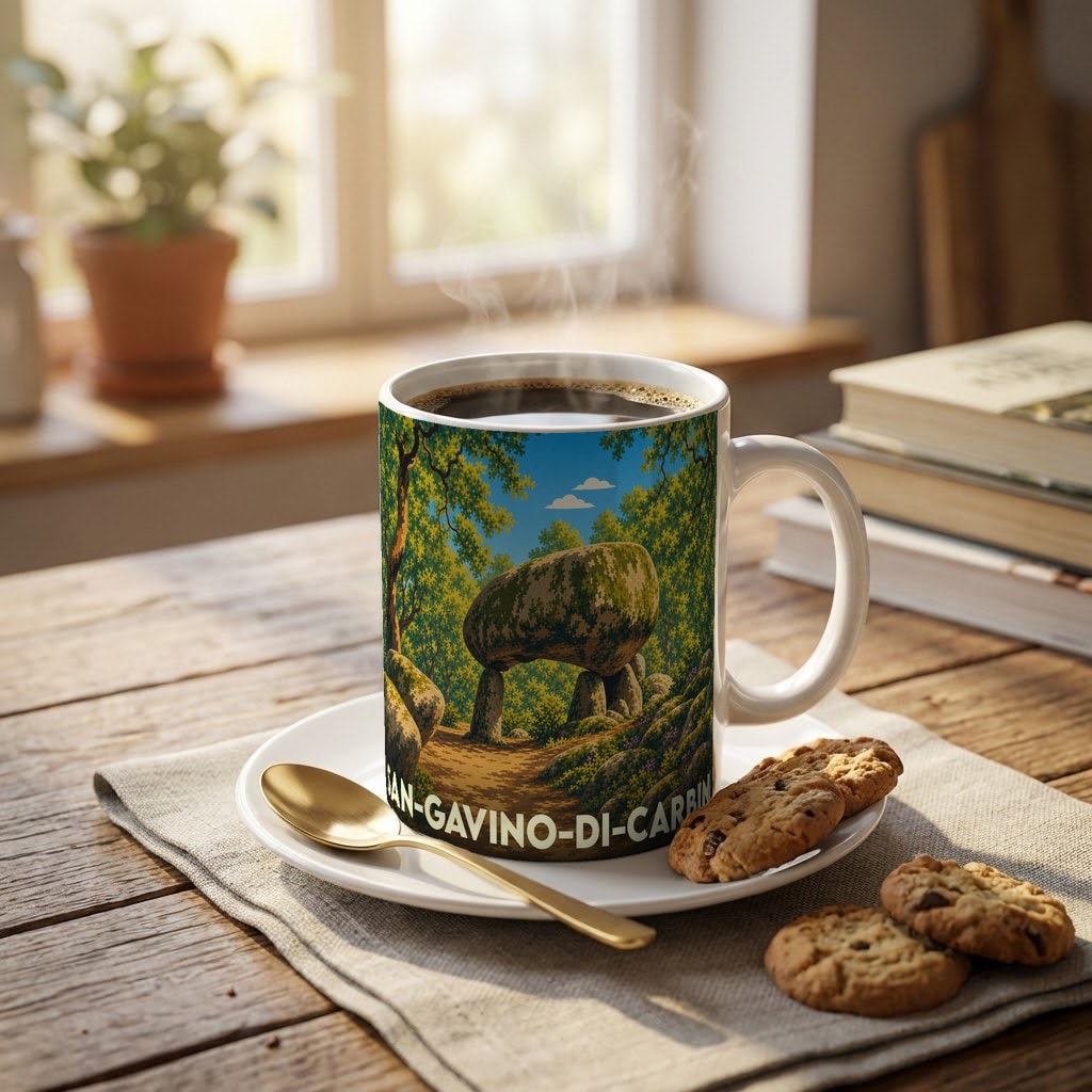Mug souvenir de la ville de San-Gavino-di-Carbini orné d'une illustration stylisée représentant un dolmen dans la nature.