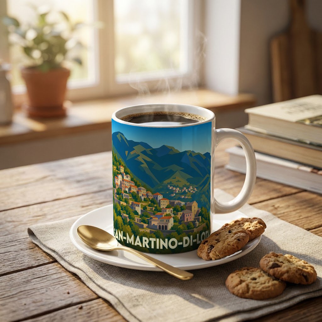 Mug souvenir de la ville de San-Martino-di-Lota avec une illustration stylisée d'un village de montagne corse.
