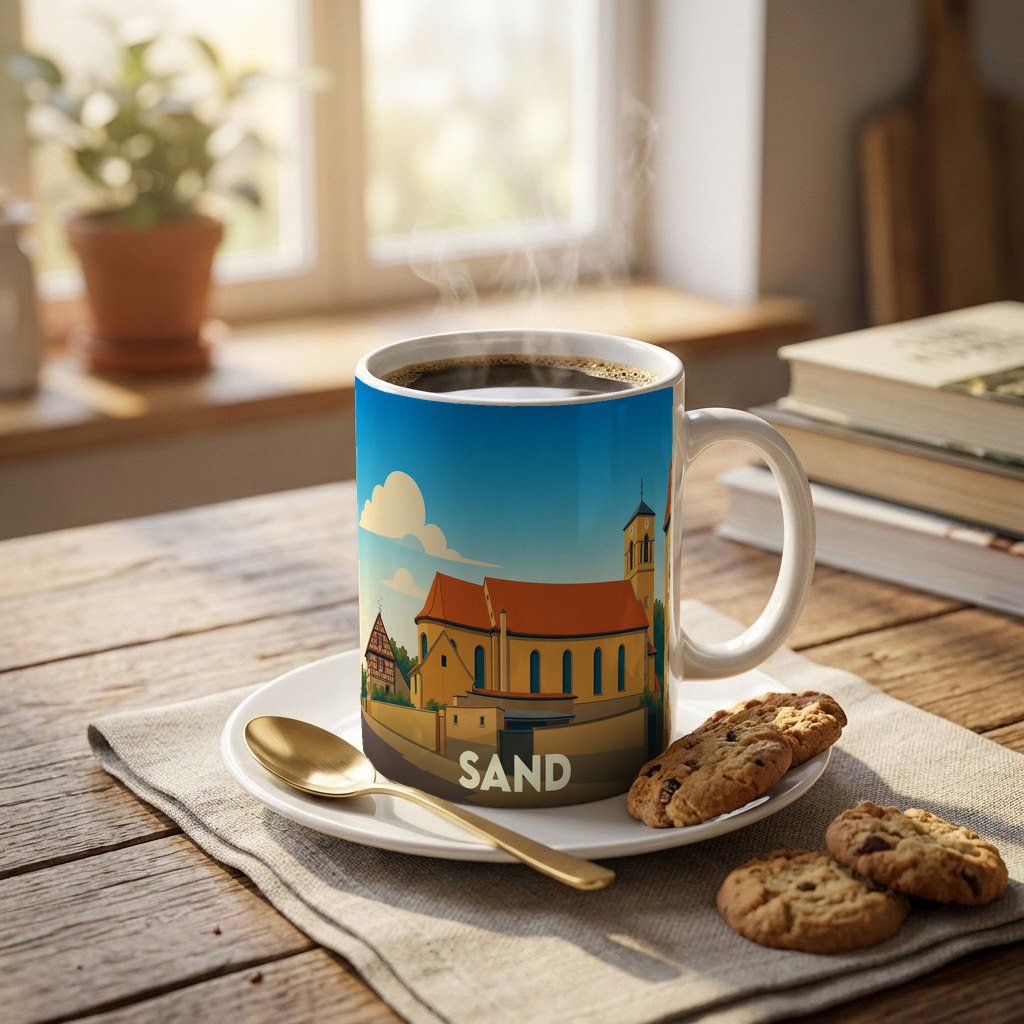 Mug souvenir de la ville de Sand avec une illustration stylisée d'une église sous un ciel bleu.