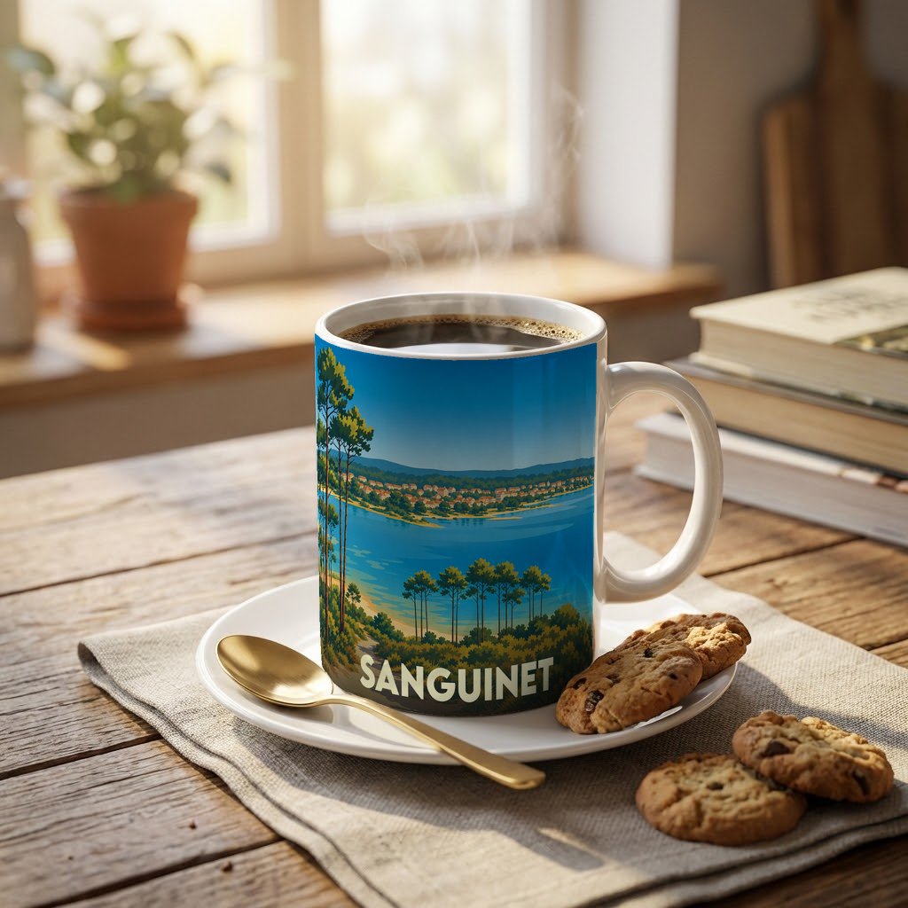 Mug souvenir de la ville de Sanguinet avec une illustration stylisée de son lac et de ses pins.