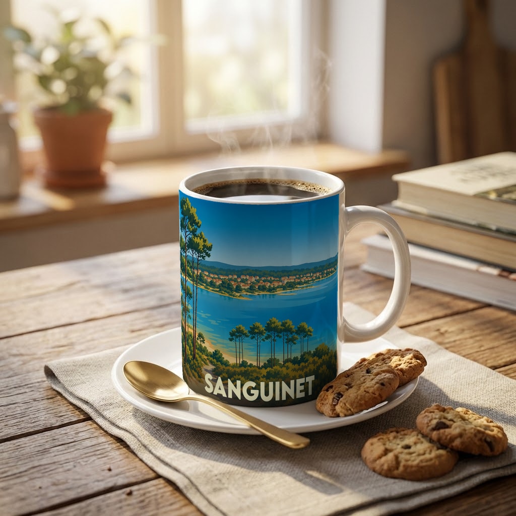 Mug souvenir de la ville de Sanguinet avec une illustration stylisée de son lac et de ses pins.