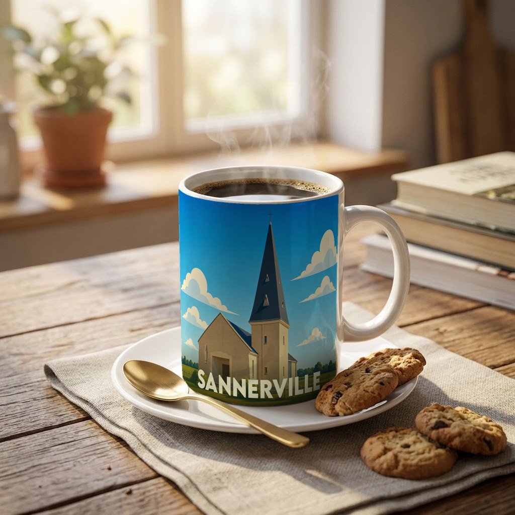 Mug souvenir de la ville de Sannerville orné d'une illustration stylisée de son église.
