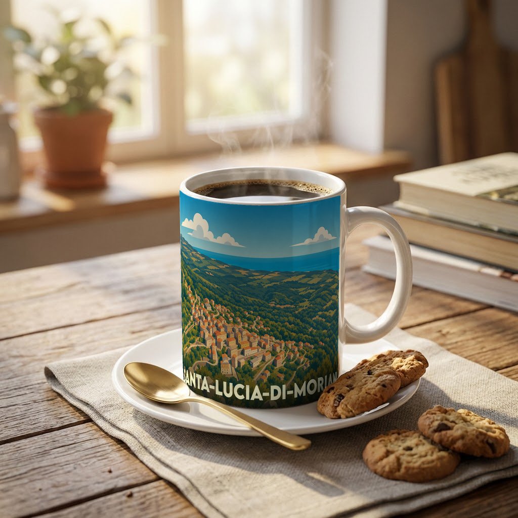 Mug souvenir de la ville de Santa-Lucia-di-Moriani avec une illustration stylisée d'un village corse niché dans la verdure.