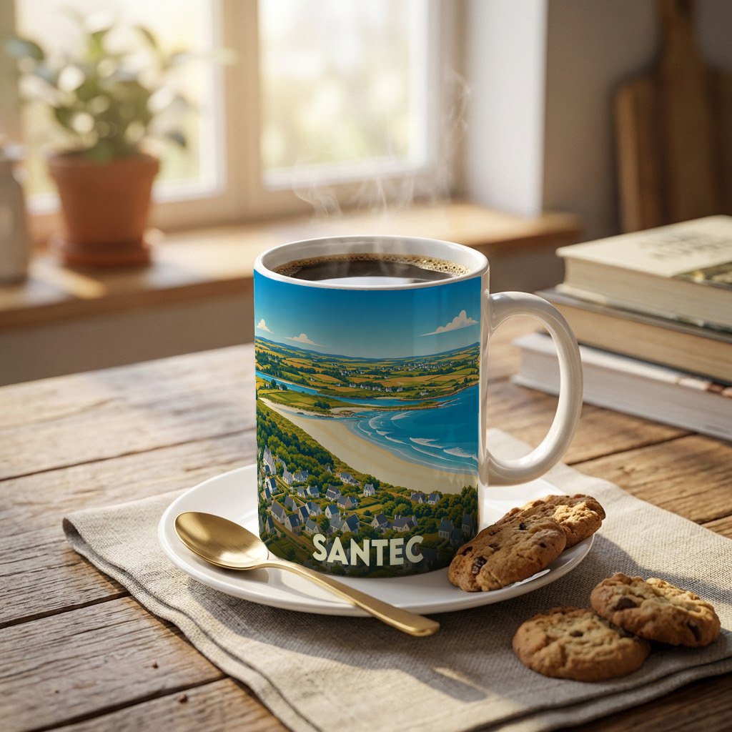Mug souvenir de la ville de Santec avec une illustration stylisée d'un paysage côtier.