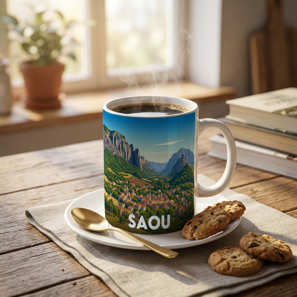 Mug souvenir de la ville de Saou avec une illustration stylisée de son paysage montagneux.