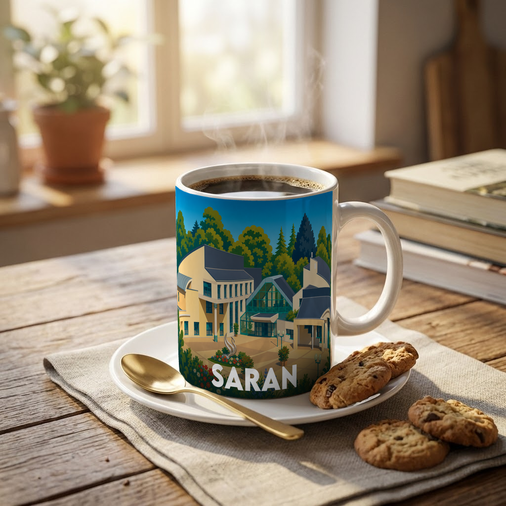 Mug souvenir de la ville de Saran avec une illustration stylisée.