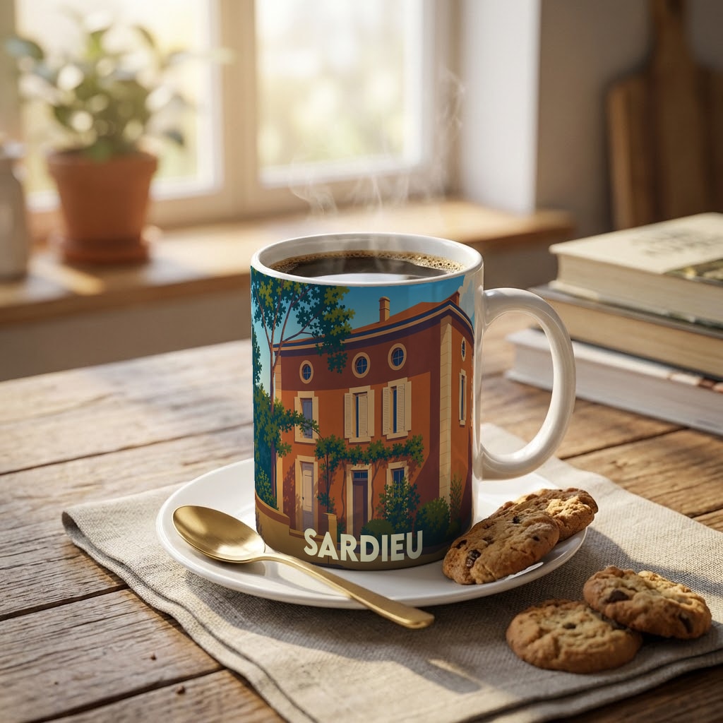 Mug souvenir de la ville de Sardieu avec une illustration stylisée de maison ancienne.