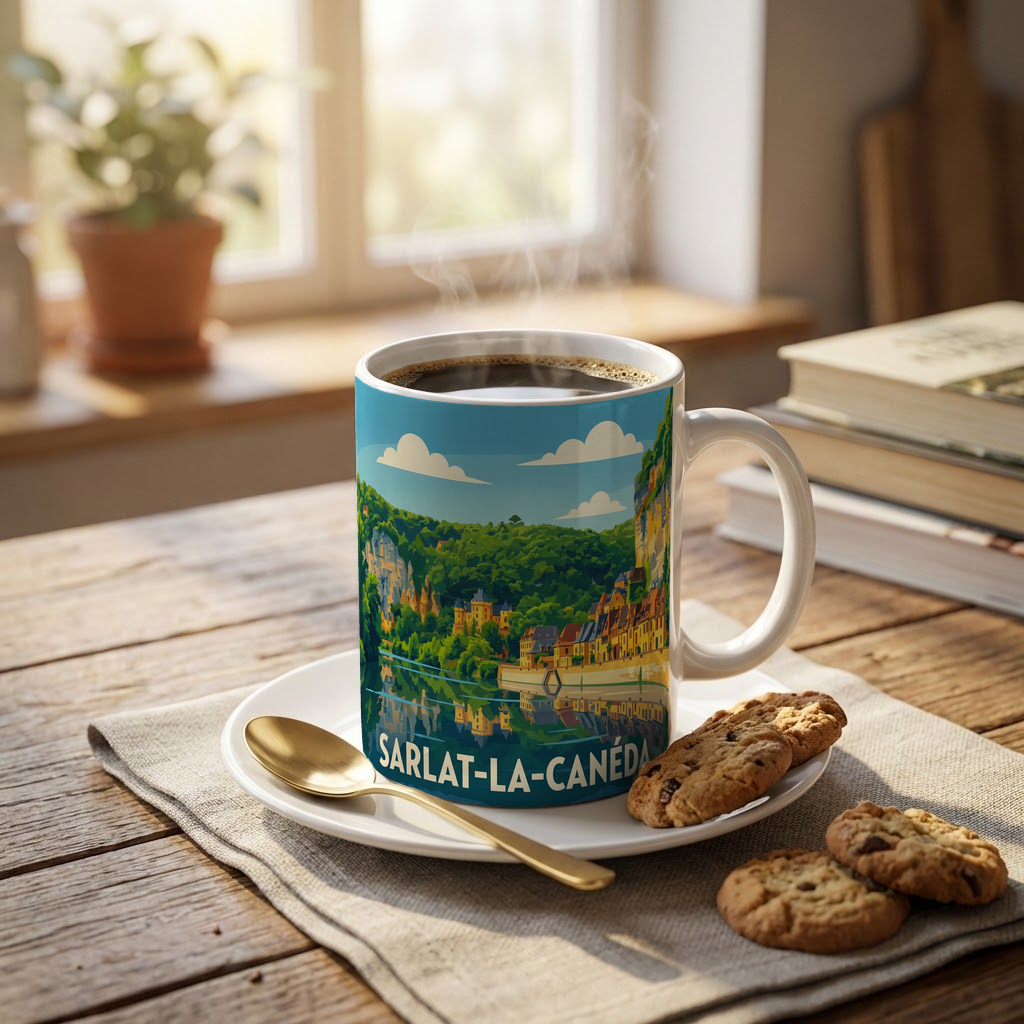 Mug souvenir de la ville de Sarlat-la-Canéda avec une illustration stylisée de son paysage.