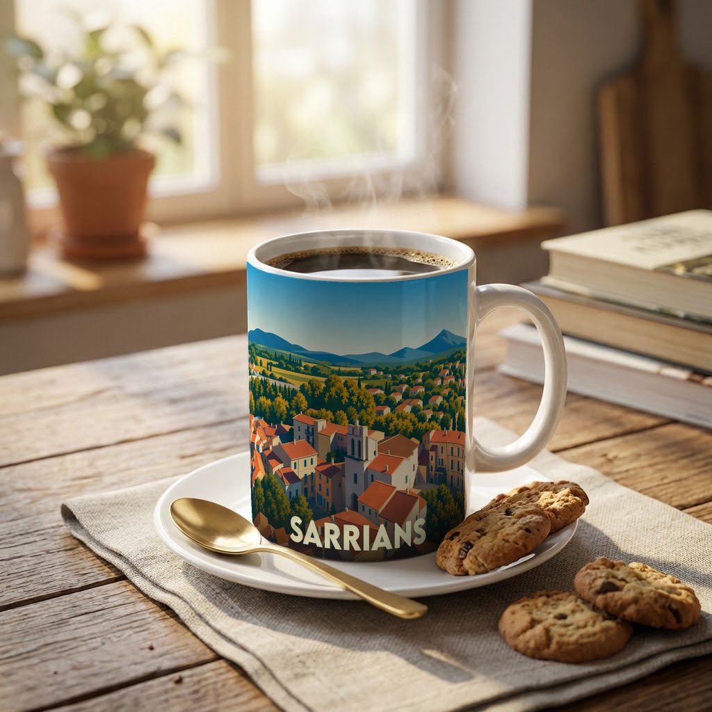 Mug souvenir de la ville de Sarrians orné d'une illustration stylisée de ses paysages et toitures.