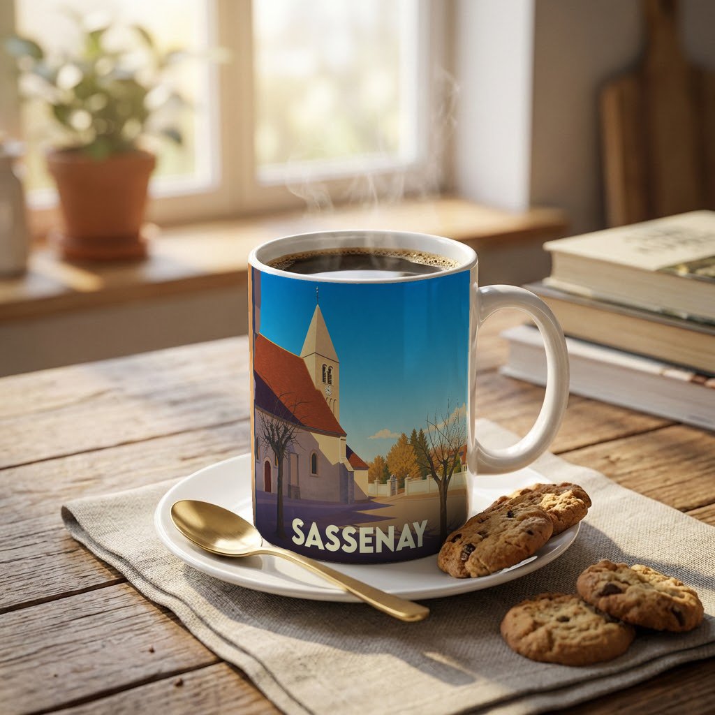Mug souvenir de la ville de Sassenay avec une illustration stylisée de son église.