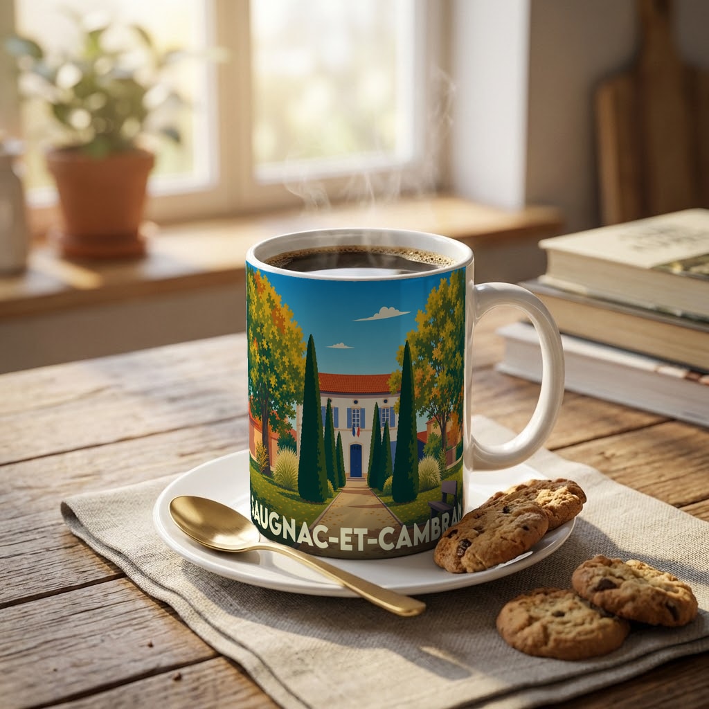 Mug souvenir de la ville de Saugnac-et-Cambran avec une illustration stylisée d'une demeure landaise.