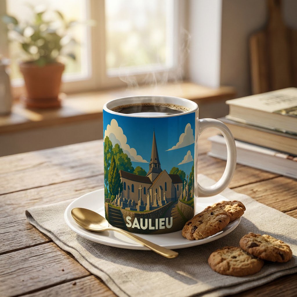 Mug souvenir de la ville de Saulieu avec une illustration stylisée d'une église et de son cimetière.