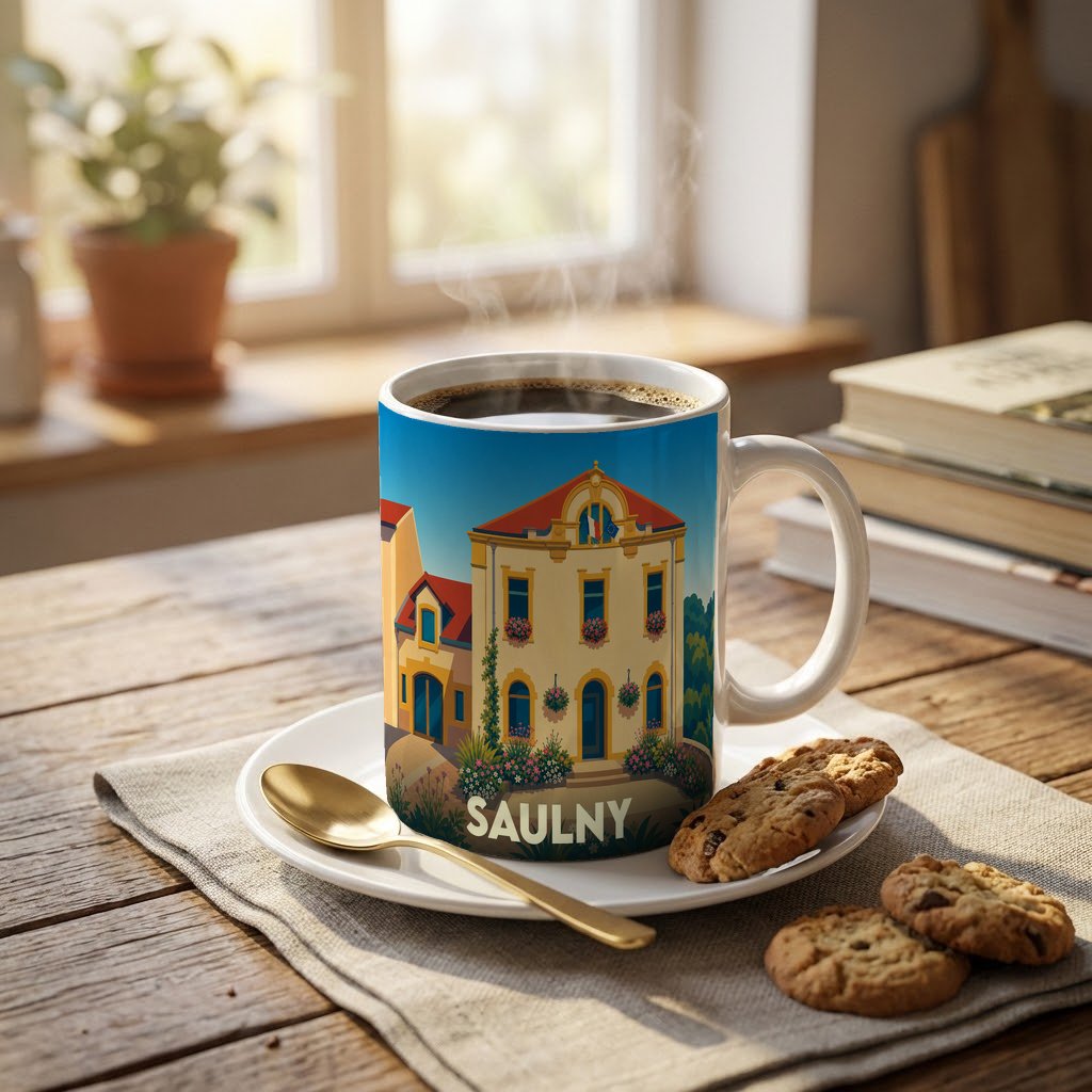 Mug souvenir de la ville de Saulny orné d'une illustration stylisée de son hôtel de ville.