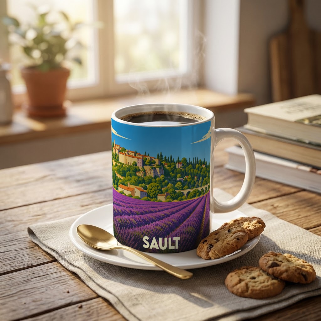 Mug souvenir de la ville de Sault orné d'une illustration stylisée représentant une demeure élégante.