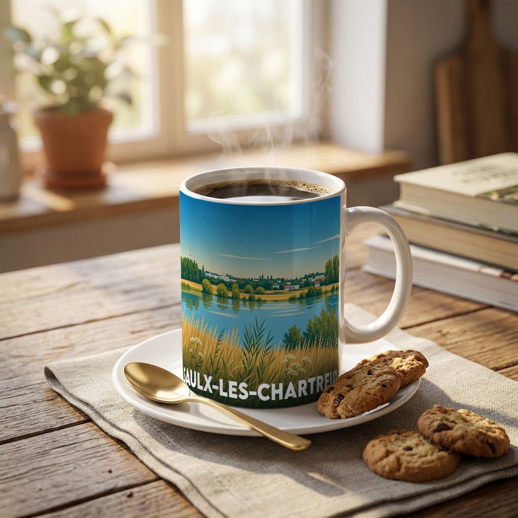 Mug souvenir de la ville de Saulx-les-Chartreux avec une illustration stylisée d'un paysage lacustre.