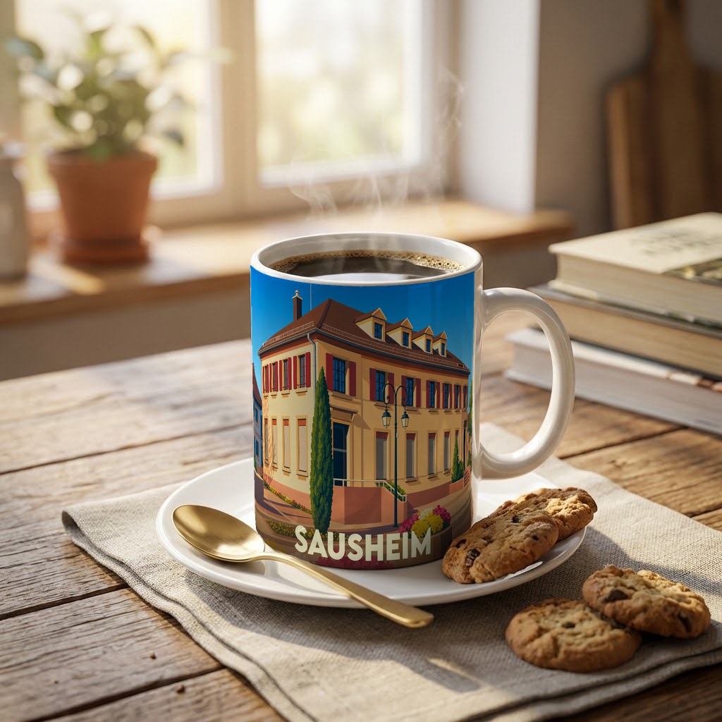 Mug souvenir de la ville de Sausheim avec une illustration stylisée d'un bâtiment typique.
