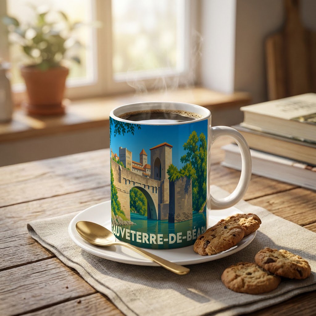 Mug souvenir de Sauveterre-de-Béarn illustré par son célèbre pont fortifié.