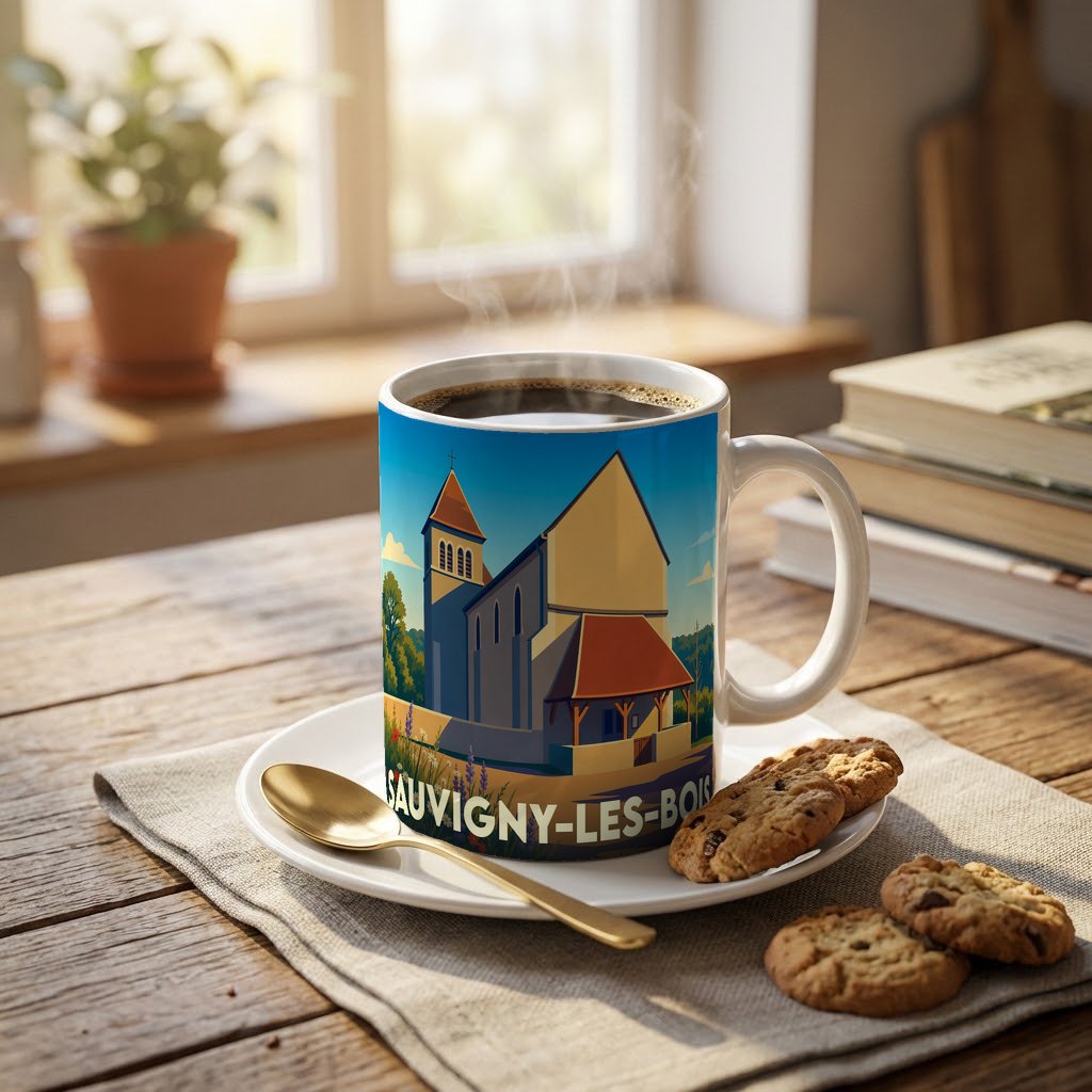 Mug souvenir de la ville de Sauvigny-les-Bois avec une illustration stylisée de son église.