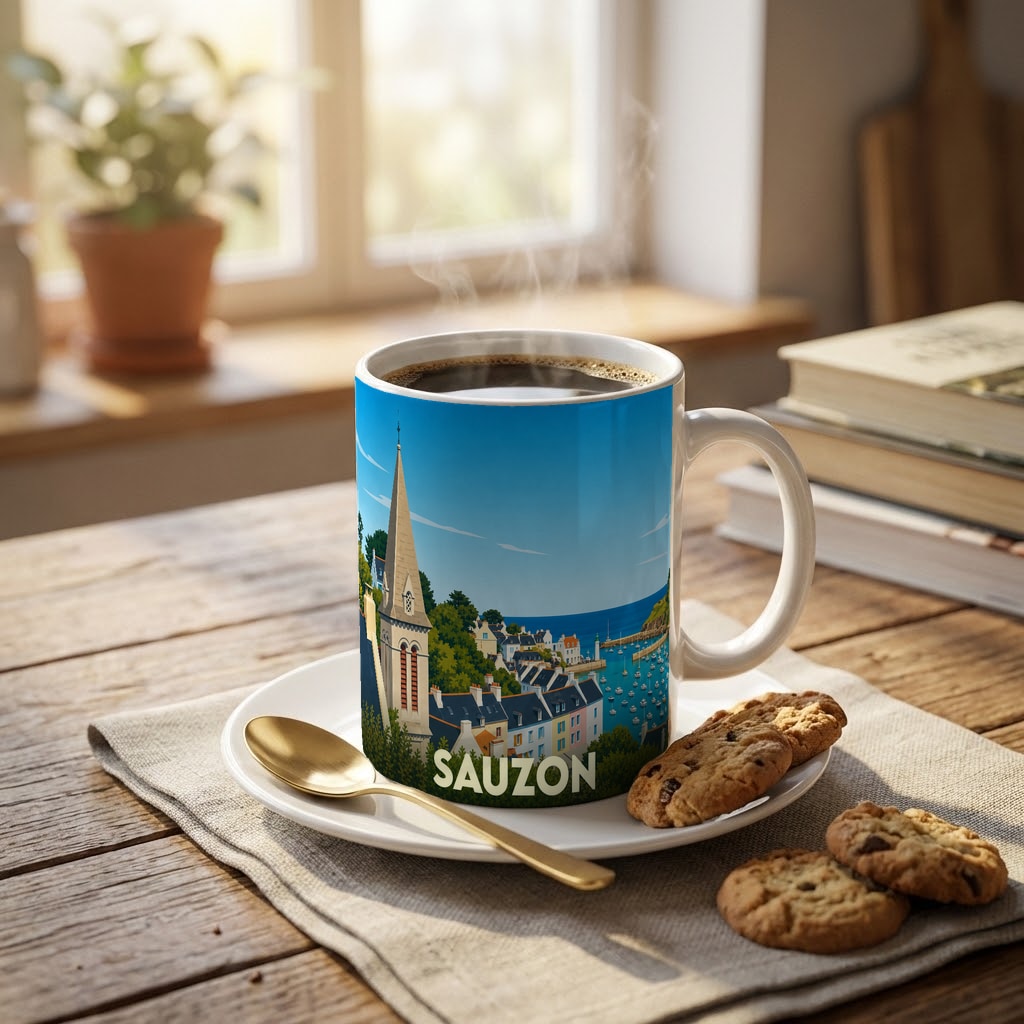 Mug souvenir de la ville de Sauzon avec une illustration stylisée du port et de son église.
