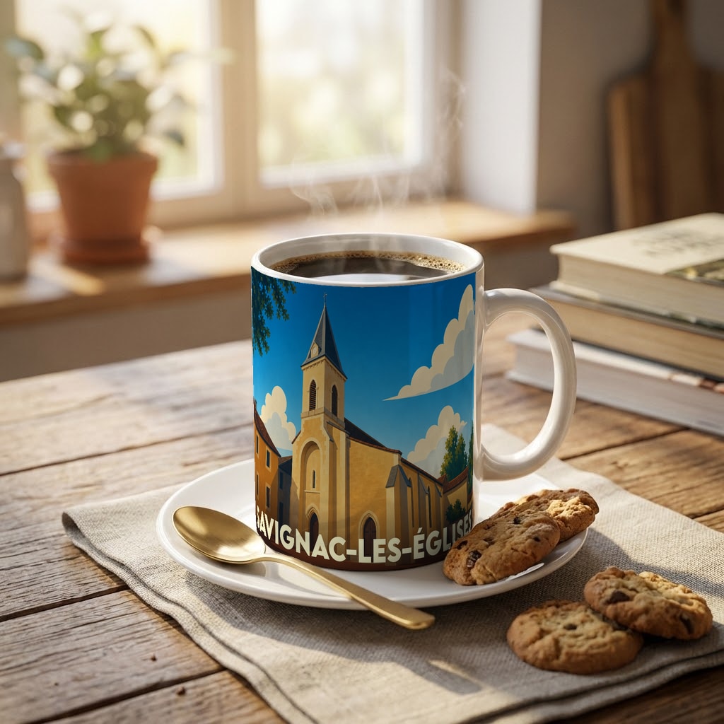 Mug souvenir de la ville de Savignac-les-Églises avec une illustration stylisée d'une église.