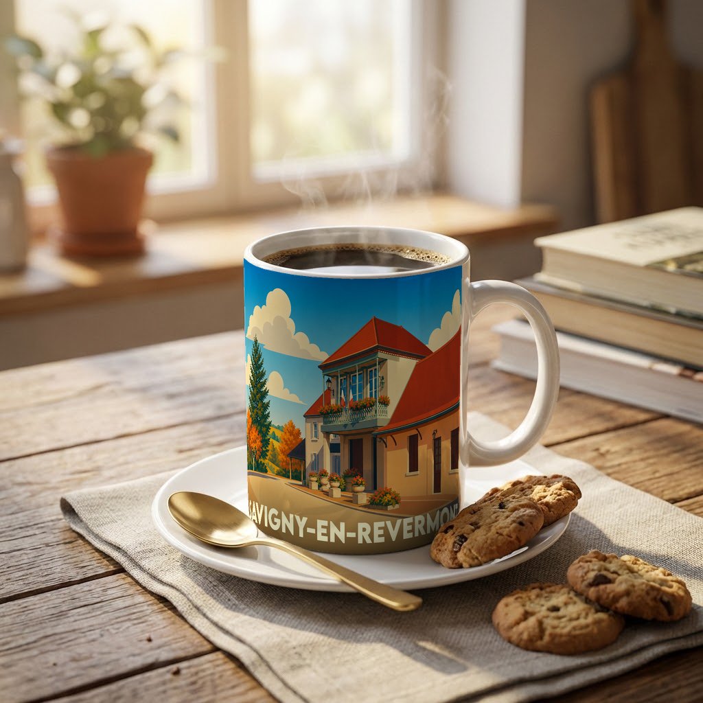 Mug souvenir de la ville de Savigny-en-Revermont avec une illustration stylisée et colorée.