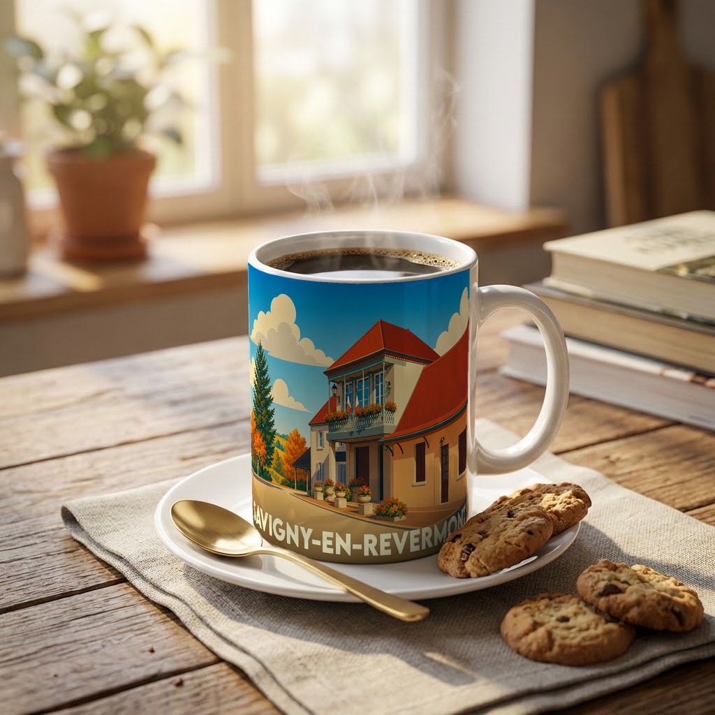 Mug souvenir de la ville de Savigny-en-Revermont avec une illustration stylisée et colorée.