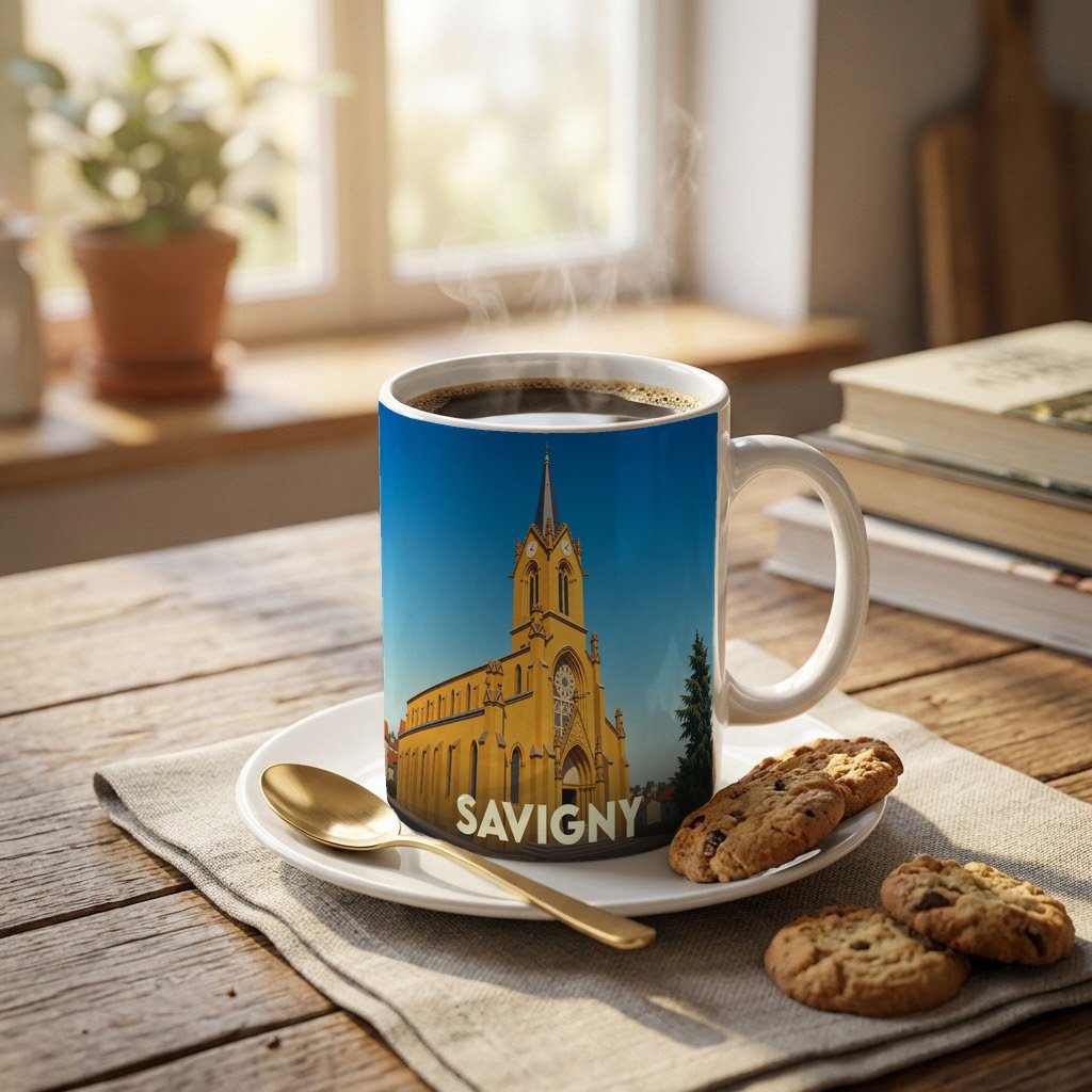 Mug souvenir de la ville de Savigny avec une illustration stylisée de son église sous un ciel bleu.