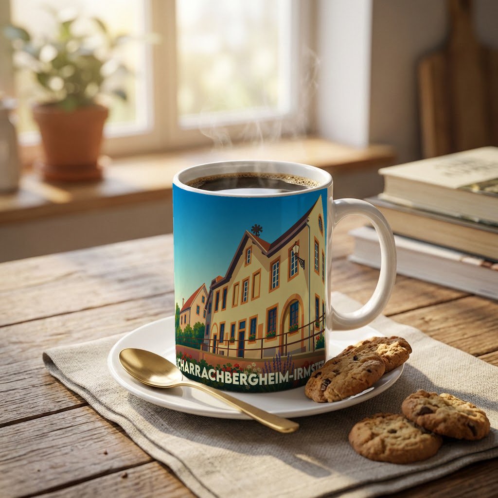 Mug souvenir de la ville de Scharrachbergheim-Irmstett avec une illustration stylisée d'une maison alsacienne.