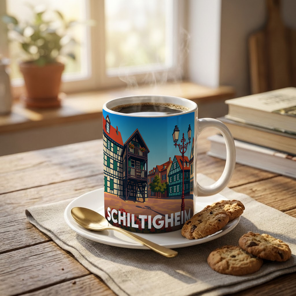 Mug souvenir de la ville de Schiltigheim avec une illustration stylisée de maisons à colombages.
