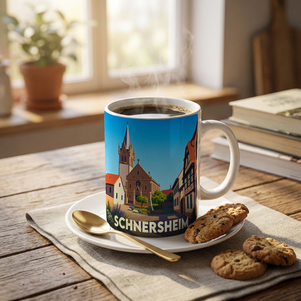 Mug souvenir de la ville de Schnersheim avec une illustration stylisée d'une église et de maisons à colombages.